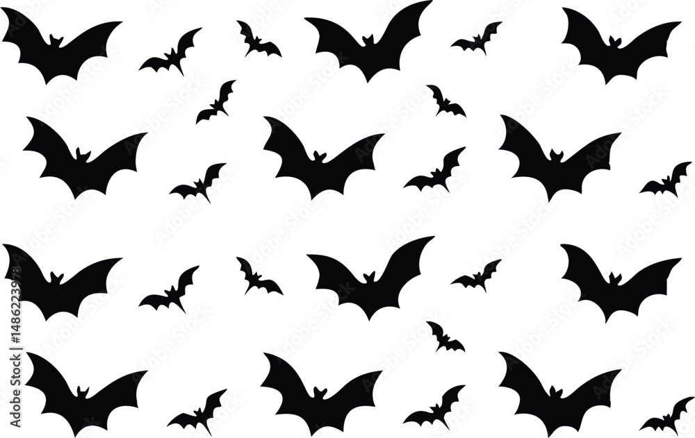 Naklejka premium Black bats fly across a white background in a repeated spooky yet simple arrangement