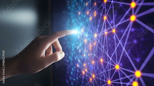 Interactive Digital Interface: Hand Touching Glowing Network Nodes on a Screen, Symbolizing Connectivity, Technology, and Modern Communication Systems