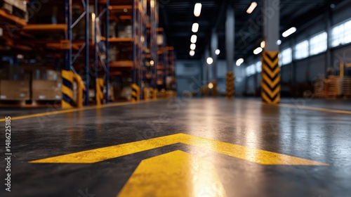 Wallpaper Mural Warehouse interior with yellow directional arrows on the floor and shelves in the background Torontodigital.ca