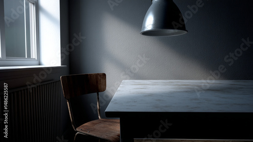 Interior of a room with a lamp table and chair.