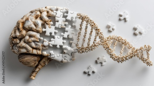 OCD research breakthrough, symbolic image of brain puzzle coming together, DNA strand weaving through pieces, white background, hopeful and modern visual