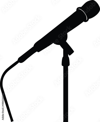 Black microphone illustration shows a detailed outline with stand and wire