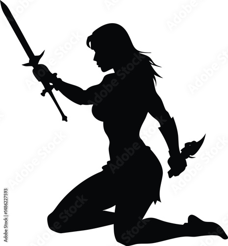 Black silhouette depicts a kneeling warrior woman holding aloft a sword and dagger