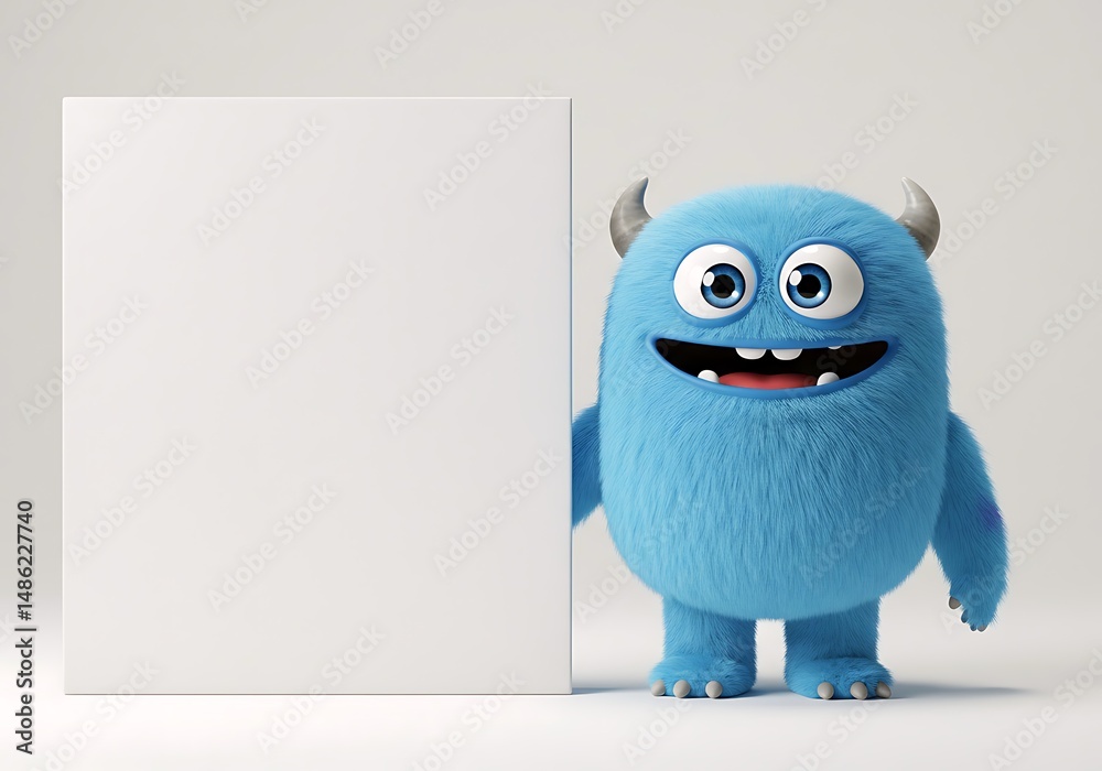 Obraz premium Adorable blue monster with horns stands by a blank white sign, ready for your message