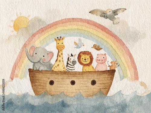  Cute animals on ark with rainbow in watercolor illustration