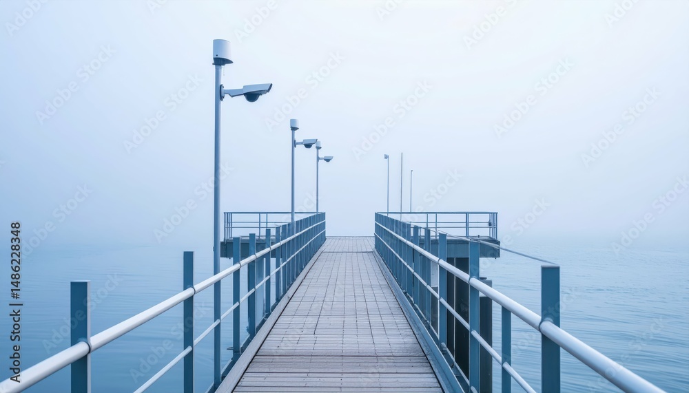 Fototapeta premium Minimalist Dock with Security Cameras in Misty Atmosphere