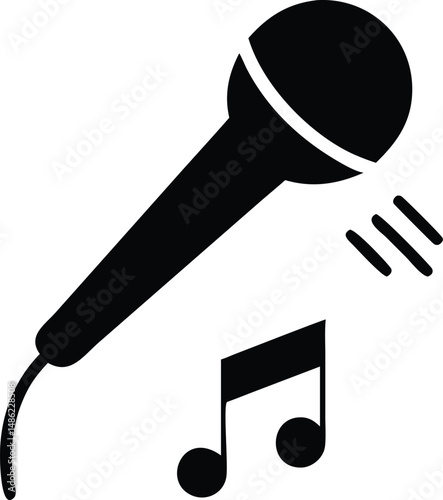 Black silhouette microphone sings with a musical note icon on a white background