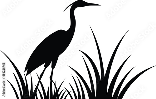 Black silhouette of a heron stands gracefully amid tall grass in a vector