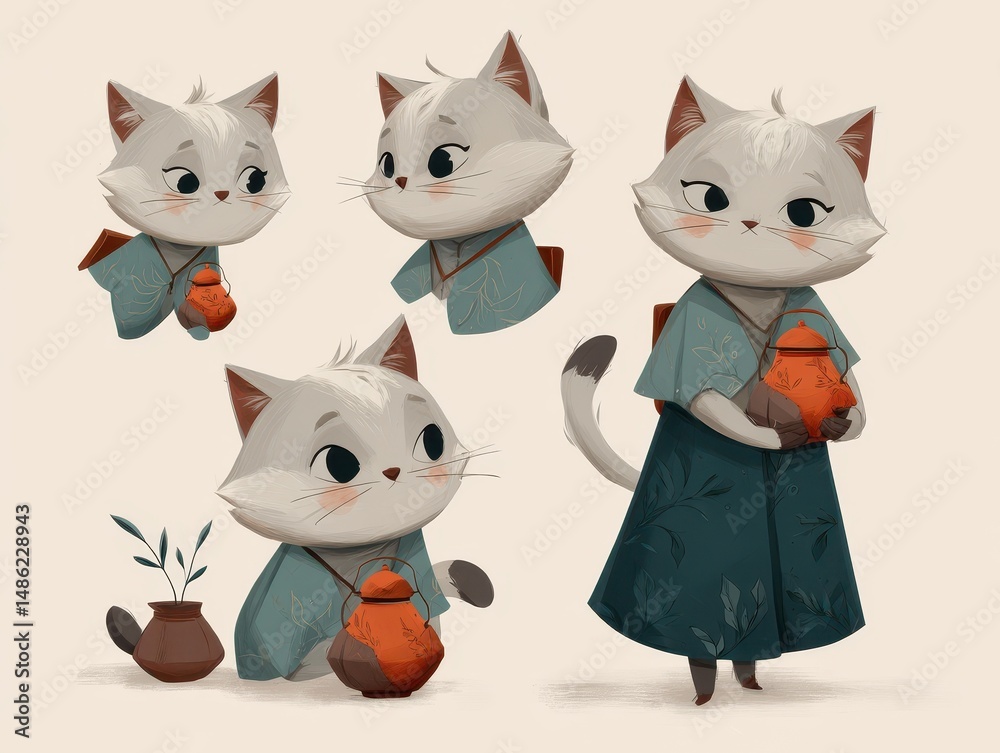 Fototapeta premium Cute, stylized cat characters in various poses and attire.