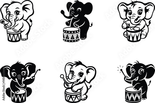 A cute baby elephant happily playing a drum vector illustration, cute baby elephant happily playing a drum line art vector, cute baby elephant happily playing a drum silhouette vector illustration set