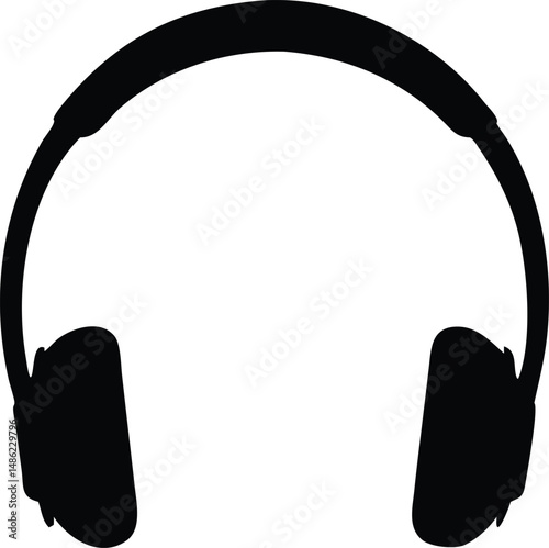Black silhouette of overhead headphones are displayed against a clean white background for simple illustration