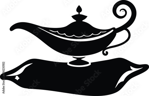 Black silhouette showing a vintage genie lamp resting atop a magic carpet image