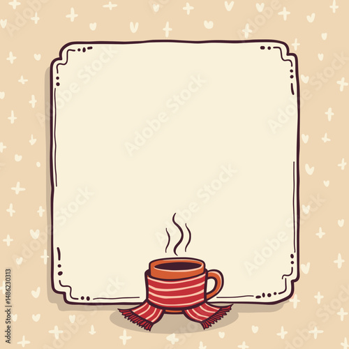 Cozy coffee mug with steam on a decorative frame