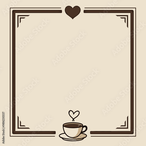 Coffee cup illustration in decorative frame with hearts and swirls  