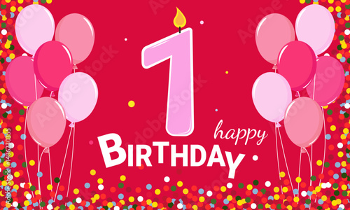 Happy Birthday. 1 year. Balloons and confetti on a pink background. A pink candle with the number 1 in the center.