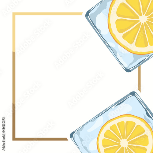 Lemon slices on ice in a decorative frame with blank space  