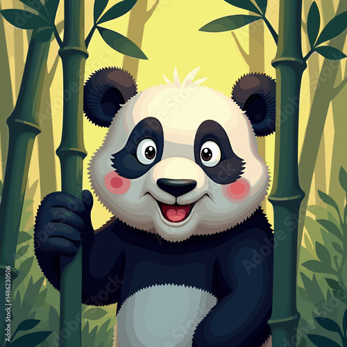 Cute panda smiling while standing amidst bamboo in a forest  