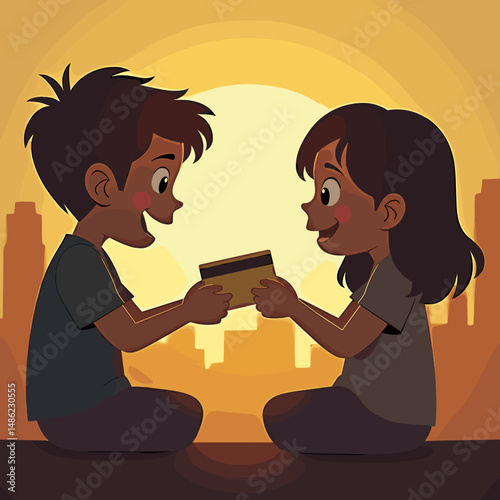 Two children exchanging a gift while sitting against a sunset background  
