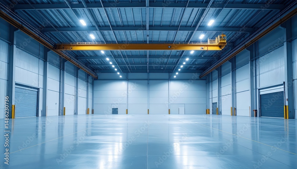 Obraz premium Minimalist Refrigerated Warehouse with Overhead Crane and Ambient Lighting
