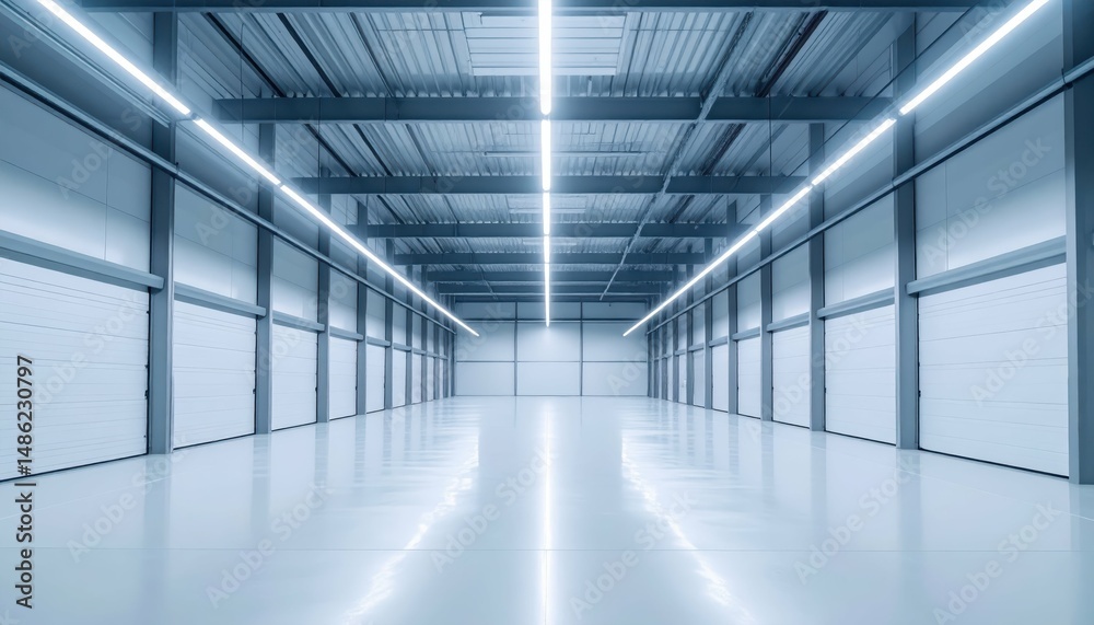 Obraz premium Minimalist Refrigerated Warehouse with Pallet Racking under Lights