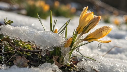 Yellow crocus flowers blooming through melting snow in early spring  