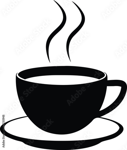 Black silhouette shows a steaming cup of coffee on a saucer ready to drink