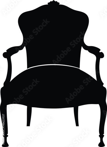 Black silhouette shows an elegant baroque chair with detailed legs and armrests