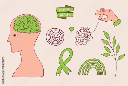mental health concept with hand and human head. Psychologic therapy session concept. Vector illustration