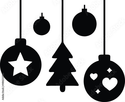 Black silhouettes of baubles and a tree hang, bringing holiday cheer to any project