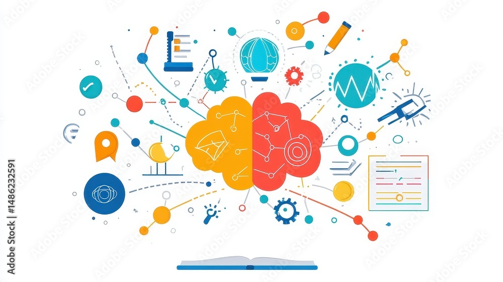 A creative mind map chart clipart, brainstorming process element, colorful connected nodes, flat design, isolated on white background. A creative mind map chart clipart, brainstorming process element, colorful connected nodes, flat design, isolated on white background.