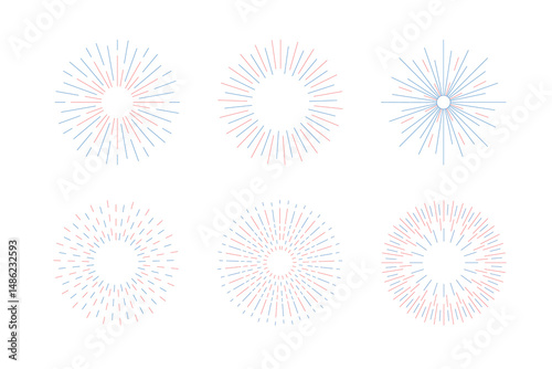 Set of fireworks with a red and blue stars and sparks isolated on transparent. United states of america independence day fireworks.
