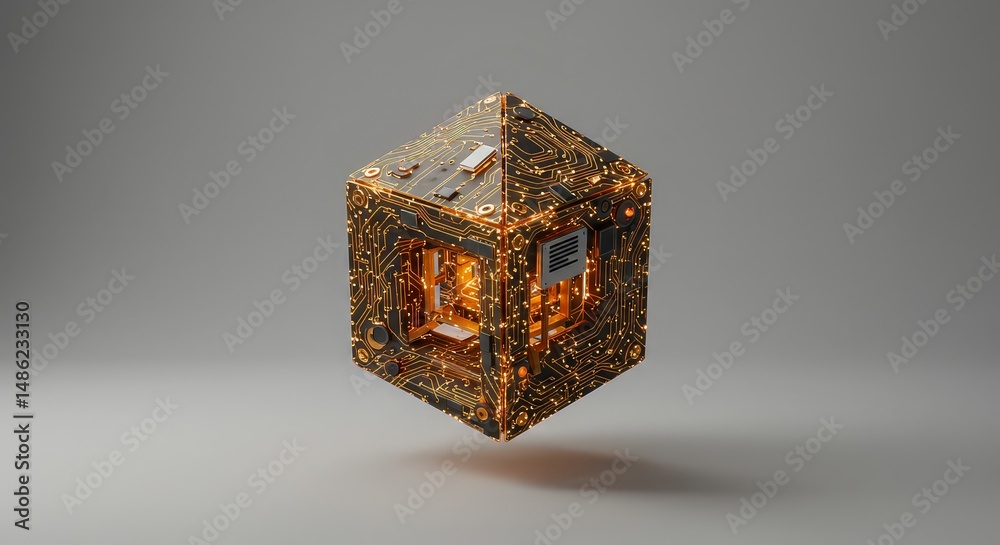 Obraz premium Golden geometric cube technology concept