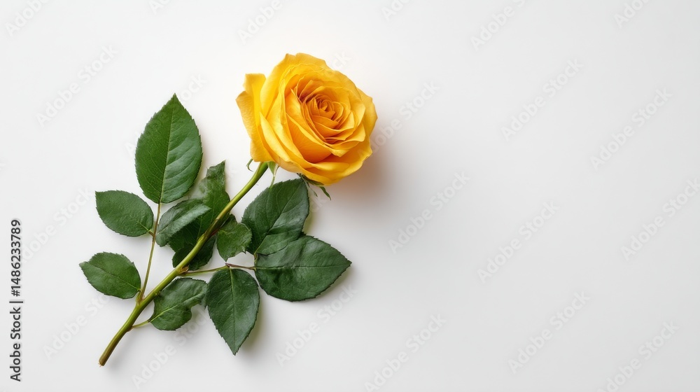 Fototapeta premium A single yellow rose rests elegantly on soft green leaves against a clean white backdrop, offering a serene and stylish centerpiece with ample space for text