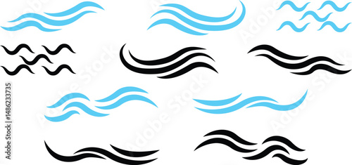 Art line set of Wave icon. Flat and simple wave vector. Abstract Wave beach symbol or logo design collection. Set of wavy zigzag lines.  Wave Blue vector design elements. 