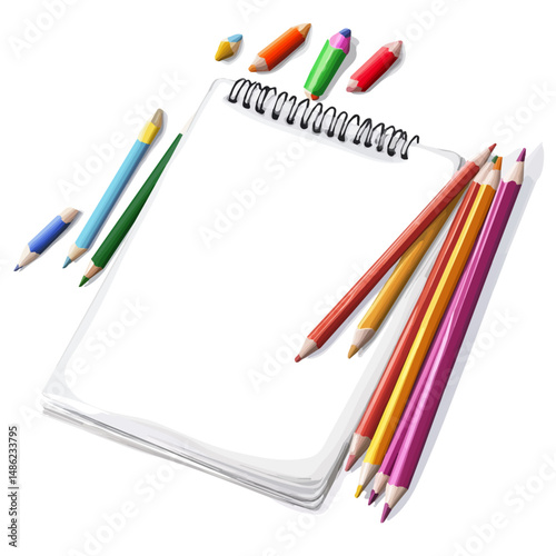 watercolor of Sketching Pad With Graphite And Colored Pencils, vector high quality, isolated on a white background.