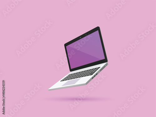 Laptop while levitating in the air on a Light Pink background