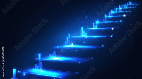 Digital stock market chart with step graph, rising bars representing investment growth, blue financial background, futuristic business analysis concept, economic trends visualization. photo