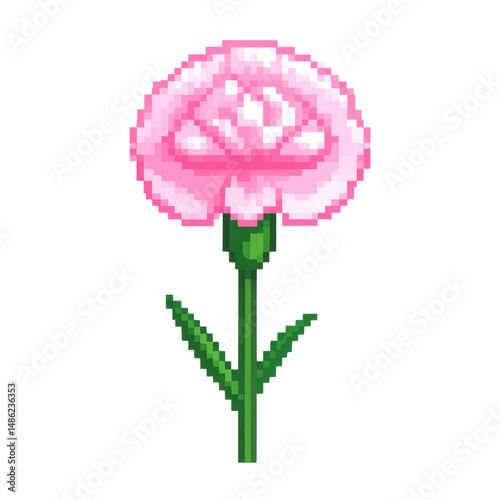 Pixel art illustration of a pink carnation with a green stem and leaves.