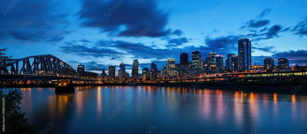 Fototapeta premium Striking cityscape at twilight featuring a bridge and reflecting river surface
