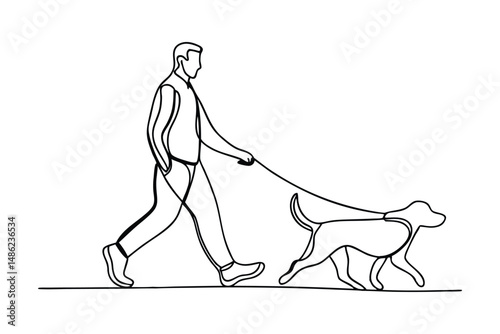 set of continuous one line drawing of man walking with dog 