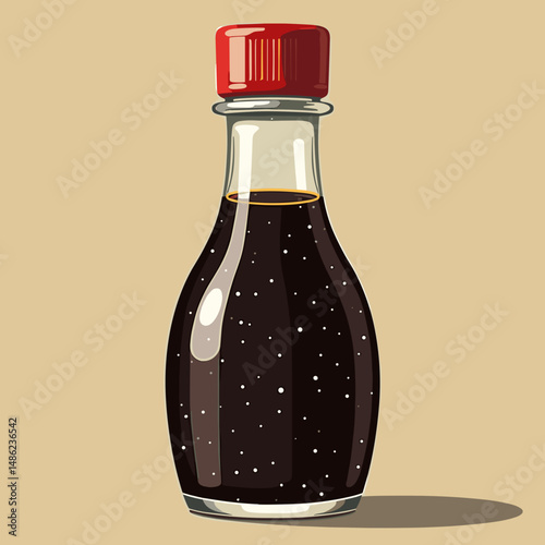 Soy sauce bottle with red cap on neutral background  