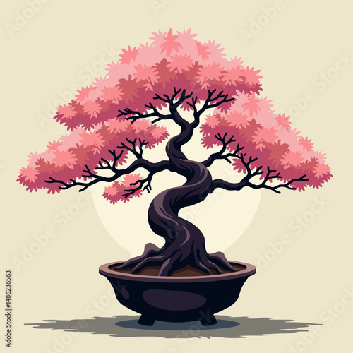Bonsai tree with pink leaves in a decorative pot