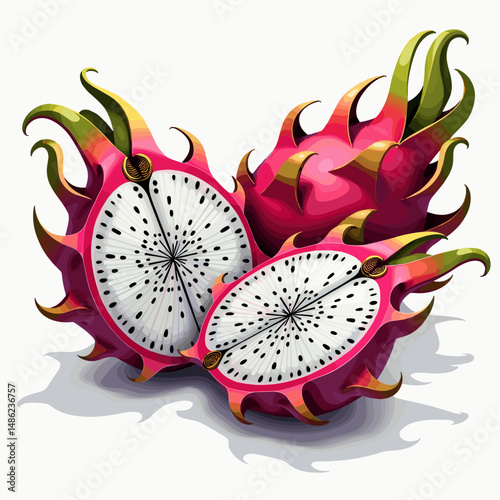 Fresh dragon fruit with sliced sections on a light background  