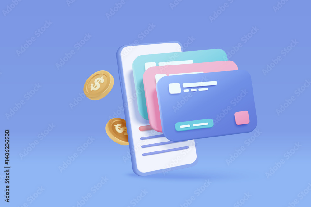3D credit card money financial security for online shopping on mobile phone, online payment secure with credit card and money coin payment concept. 3d smartphone vector icon render illustration 3D credit card money financial security for online shopping on mobile phone, online payment secure with credit card and money coin payment concept. 3d smartphone vector icon render illustration