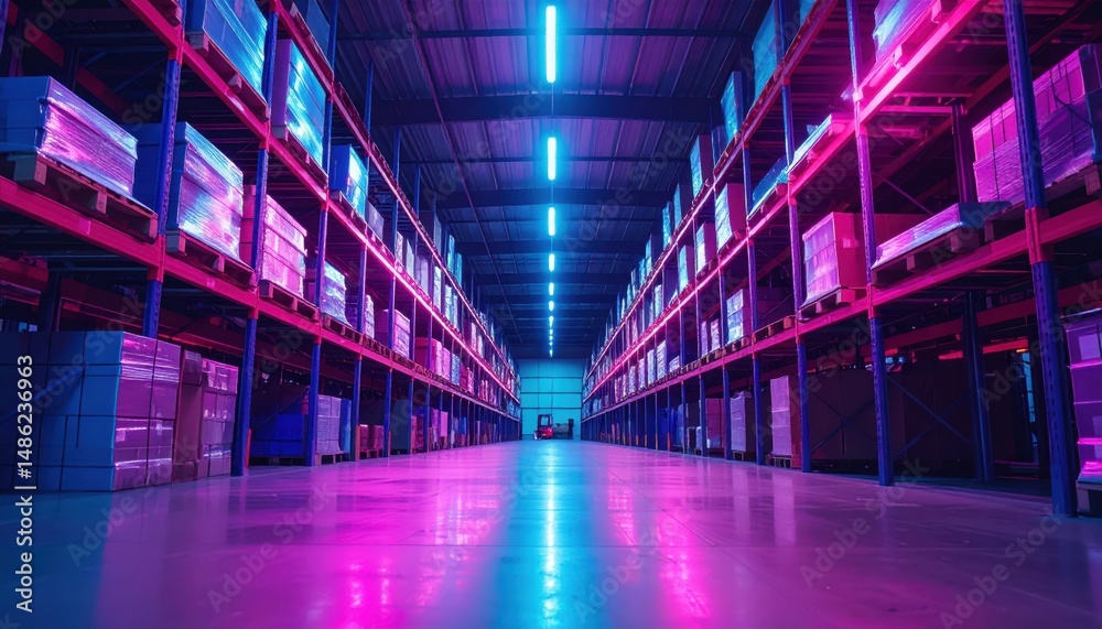 Fototapeta premium Neon Lit Warehouse with Shelving Units Under Fluorescent Lights