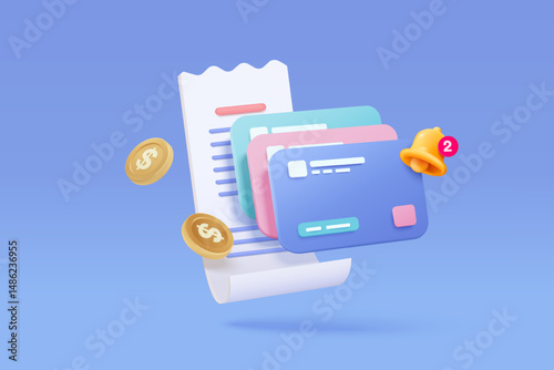 3D bill payment with credit card and financial for online shopping, payment credit card with bell alert notification. Invoice transaction with money coin. 3d receipt vector icon render illustration