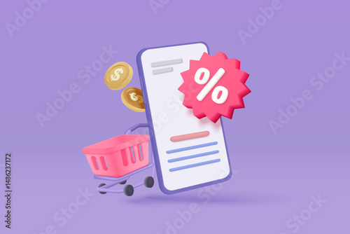 3d mobile phone with price tags for online shopping concept. Basket with promotion tag discount coupon of cash for future, special offer promotion. 3d price tags icon vector render illustration