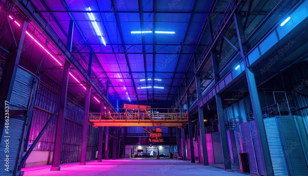 Obraz premium Neon Lit Grain Silo Interior with Overhead Cranes and Fluorescent Lights