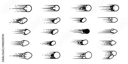 "Speed and Motion Trail Icons Set – Fast Moving Object Streaks and Dynamic Comet Effects"