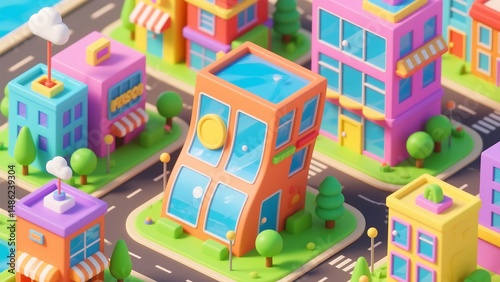 Colorful Isometric City Blocks and Green Trees Rendering Illustration